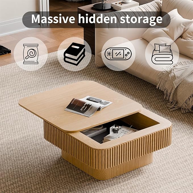 Square Coffee Table for Living Room,Fluted Drum Accent Tea Center Table with Storage,Solid Wood Modern Coffee Tables for Small Space Office Apartment (31.5" L×31.5''W×14''H-Natural)