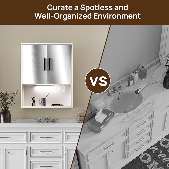 Fluted Bathroom Wall Cabinet with DIY LED Light, Wooden Medicine Cabinet with Tissue Hole, Monuted Wall Cabinet with DTC Hinge (Silent Buffering), Over Toilet Storage Cabinet- Modern White