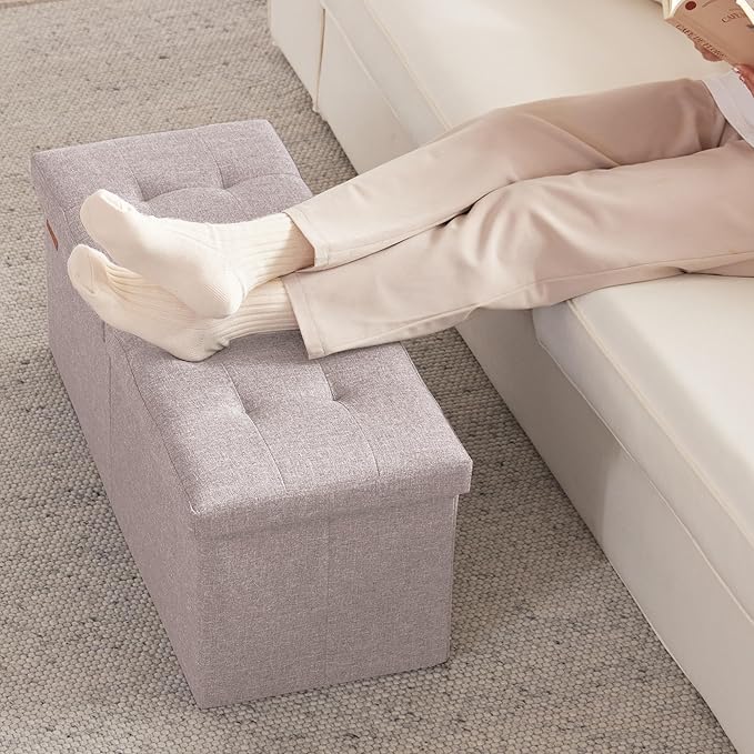 HAUSFRAU 31.5 Inches Ottoman with Storage Bench, Folding Ottoman Bench Small Foot Rest Stool, Bedroom Bench with Flipping Lid, Linen Mushroom Grey