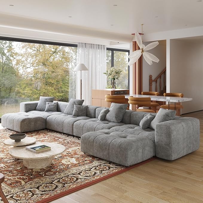 JACH 183.5 Inch U-Shaped Modular Sectional Sofas, Modern 4-Seater Couch with Chaise Ottomans, Mid Century Modern Sectional Couches, Cozy Sleeper Sofa for Living Room (Linen Fabric, Grey)