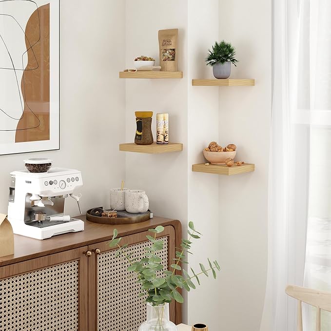 Fun Memories Floating Shelves for Wall - 7.5 Inch Square Shelves with Invisible Brackets, Small Wall Shelf for Living Room, Bathroom, Bedroom, and Kitchen Decor，Oak Set of 3