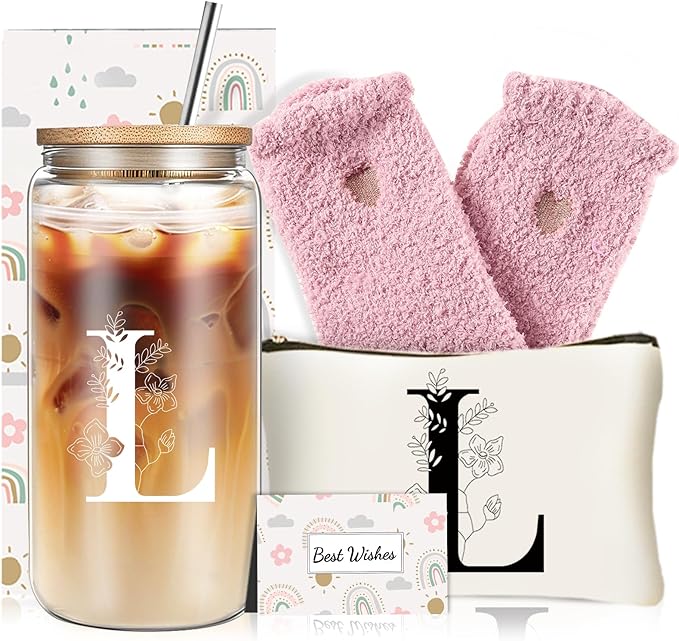 Unique Initial Glass Cup with Lids and Straws, Monogrammed Gifts Box Included Makeup Bag, Christmas Birthday Gifts for Women Mom Sister Grandma, L