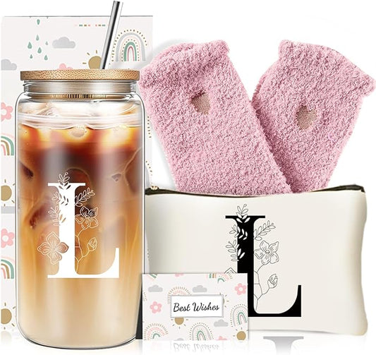 Unique Initial Glass Cup with Lids and Straws, Monogrammed Gifts Box Included Makeup Bag, Christmas Birthday Gifts for Women Mom Sister Grandma, L