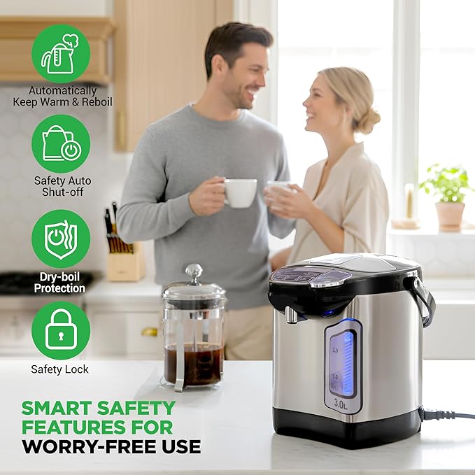 NutriChef Electric Water Boiler and Warmer - 3L/3.17 Qt Stainless Steel Electric Hot Water Dispenser w/Rotating Base, Auto Shut Off, Safety Lock, Instant Heating for Coffee & Tea (NCHUB13)