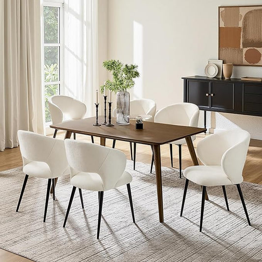 Contemporary Dining Chairs with Armrests – Ergonomic Soft-Padded Seat, Curved Backrest, Matte Black Metal Legs, Comfortable Kitchen & Dining Room Chairs, Set of 6