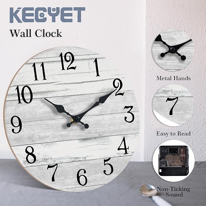Wall Clock Battery Operated 16 Inch Large Gray Silent Non Ticking Country Rustic Design Vintage Retro Decorative for Bathroom Kitchen Bedroom