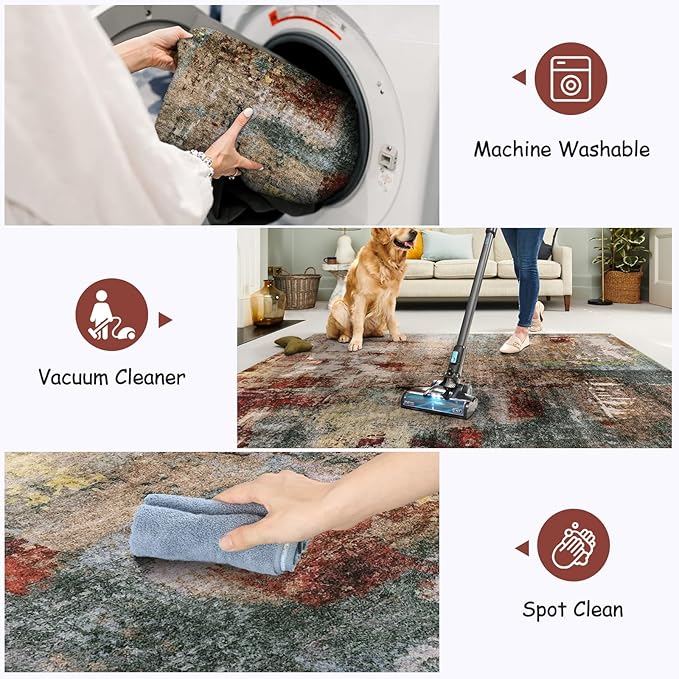 Lahome Modern Abstract 10x14 Area Rugs for Living Room, Large Washable Living Room Rug Low Pile Non Slip, Soft Accent Carpet for Bedroom Dining Room Table Home Decor Use, Red/Multi