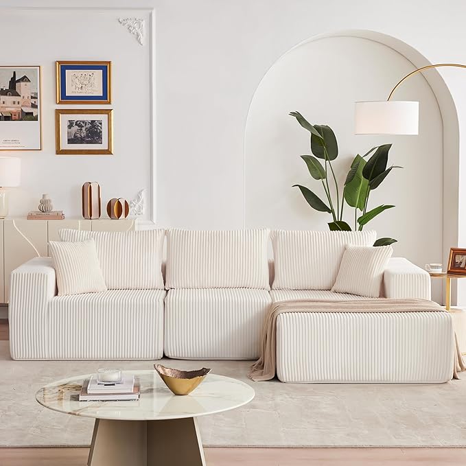 108” Modular Sectional Sofa, Cloud Sectional Couch with Deep Seat, Modern Modular L-Shape Sofa with Chaise,Upholstered Boneless Couches for Living Room (Corduroy, Beige)
