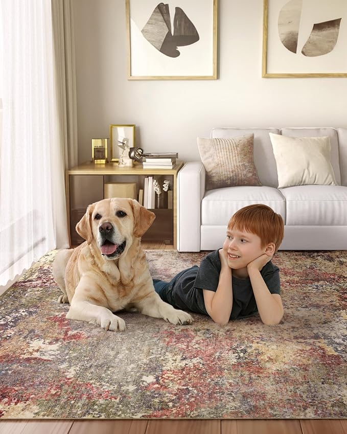 Washable Area Rug for Living Room: 5x7 Modern Abstract Neutral Soft Rug for Bedroom Dining Room No Slip Low Pile Carpet for Nursery Home Office - Red/Ivory