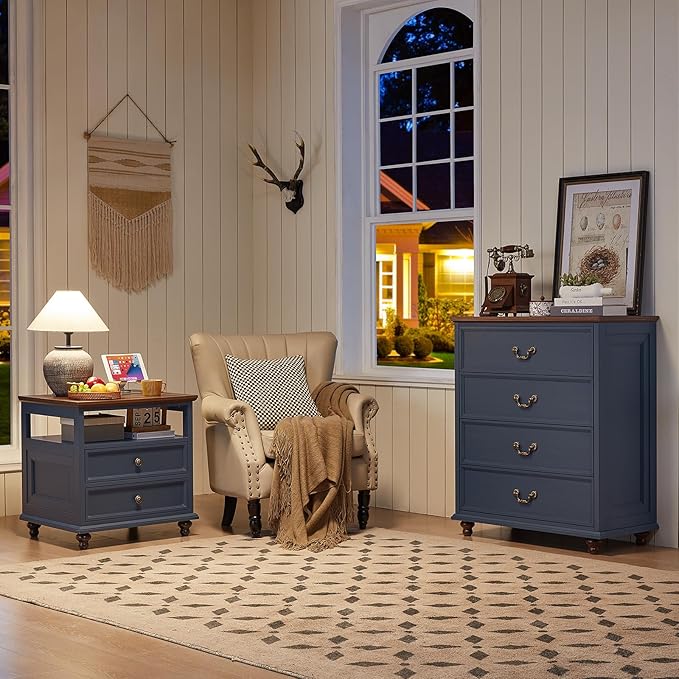 24" Wide Farmhouse Nightstand with Charging Station Set of 2, 37" Tall Rustic Chests of Drawers w/ 4 Solid Wood Feet, Farmhouse Furniture Series for Living Room,Bedroom,DarkBlue