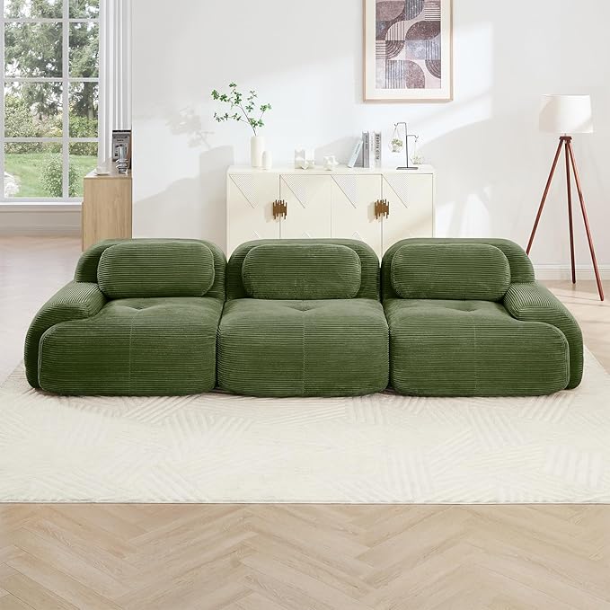 116" Modern Compressed Boneless Couch, 3 Seater Sectional Couches for Living Room, Green Corduroy Cloud Modular Sectional Sofa, Comfy Memory Foam, Extra Deep, Sofas para Sala, No Assembly