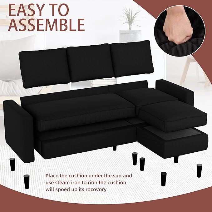 JAMFLY Sectional Sofa Couch Convertible L Shaped Sofas with Ottoman Small Sectional Couches for Living Room, 3 Seater Couch for Small Spaces, Black