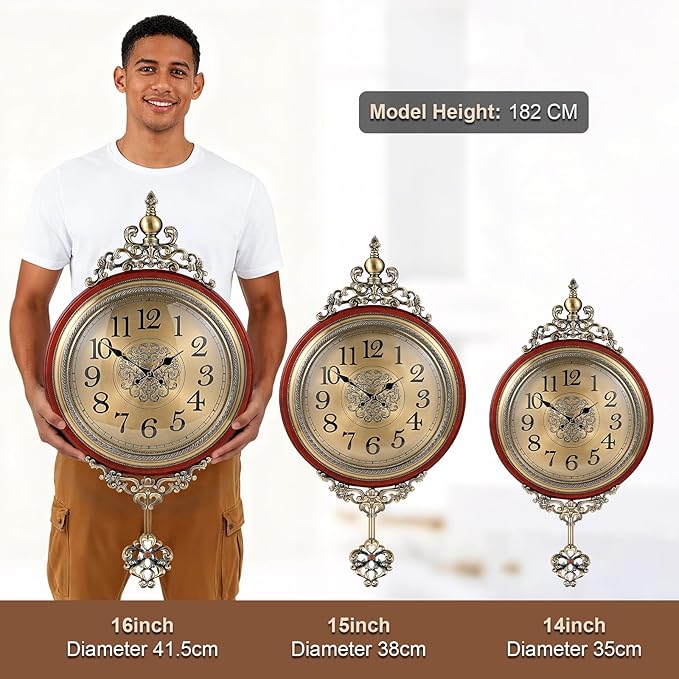 Vintage Wall Clock with Pendulum,Diameter 16 in/Full Length 30.7 in Large Retro Metal and Glass Silent Clock for Living Room, Antique Wood Pendulum for Dining Room Office Home Decor