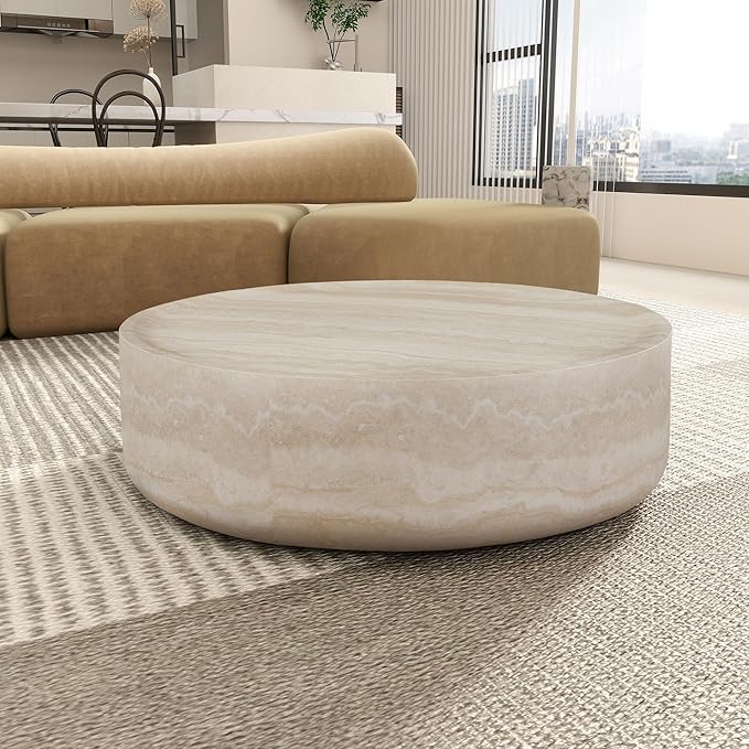 Round Coffee Table 31.49'' Marble Pattern Drum Shaped Coffee Table Fiberglass Cocktail Table Center Table for Living Room ome Office, Fully Assembled, White