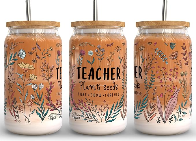 Fancyfams 16 oz Glass Teacher Cup with Bamboo Lid, and Straw, Birthday, Teacher Appreciation Gifts for Women, Iced Coffee Can Shaped Cup Jar Tumbler (Plant Seeds)