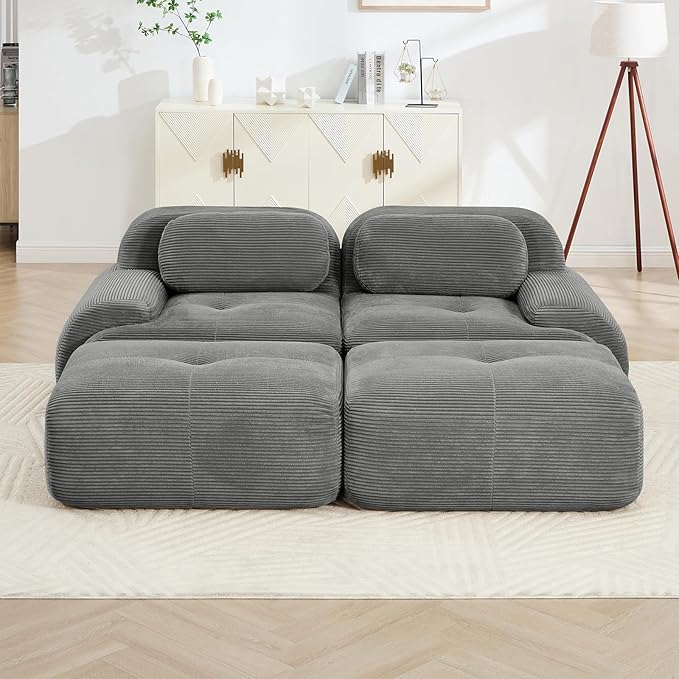 80" Modern Corduroy Boneless Love Seat Couches with 2 Ottomans, 2 Seater Large Sectional Couches for Living Room, Gray Cloud Modular Sectional Sofa, Memory Foam, Extra Deep Loveseat, No Assembly