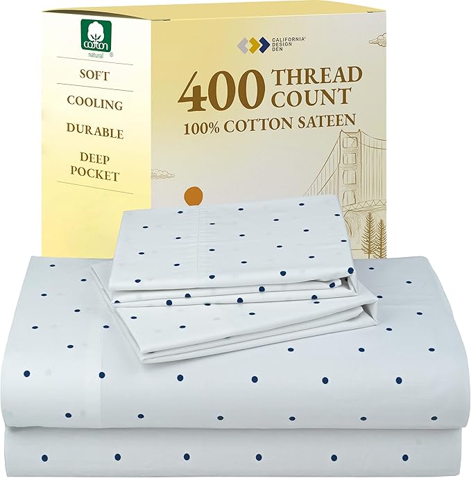 California Design Den Printed King Size Sheets Set - Luxury 400 Thread Count Sateen, Natural 100% Cotton Sheets, Deep Pockets, Cooling and Durable Bedding Set - Polka Dot