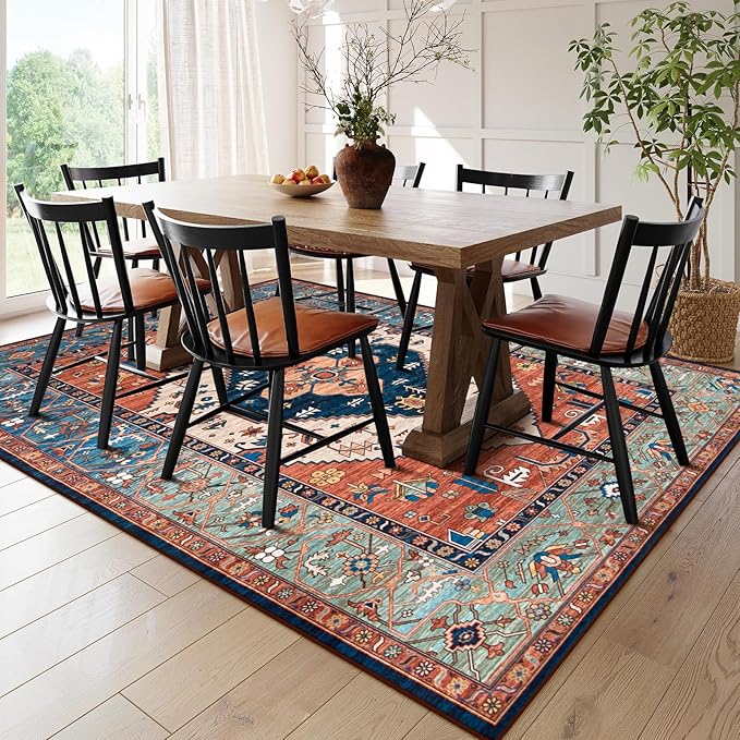 Lahome Area Rugs 9x12 Living Room - Boho Non-Slip Washable Rug Ultra-Thin Stain Resistant Large Carpet Throw Non Shedding Dining Room Mat, Oriental Print Carpet for Bedroom Guest Room (Rust, 9'x12')