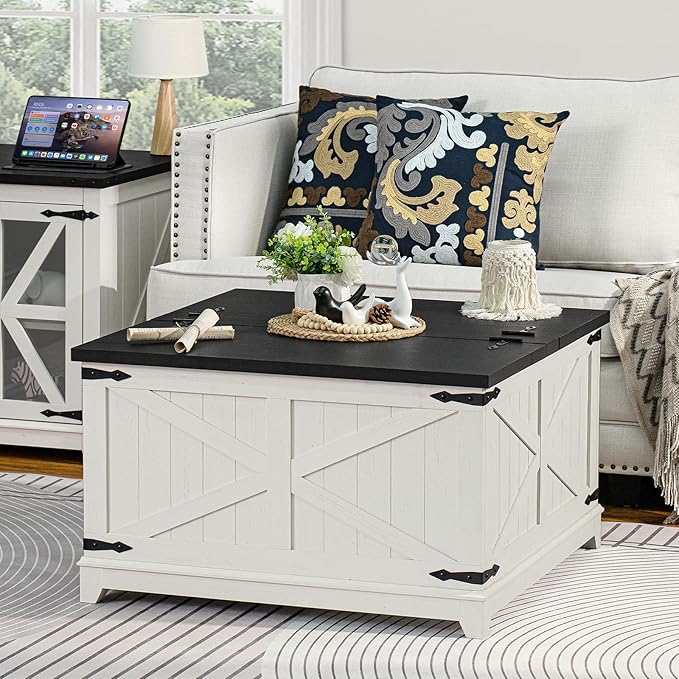 Farmhouse Coffee Table Sets 2 Pieces, Narrow Night Stand with Glass Barn Door Storage, Large Coffee Tables with Hidden Storage Organizer, Wood Furniture Sets for Living Room, Office, White
