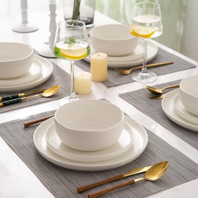 AmorArc Ceramic Dinnerware Sets, Wavy Rim Stoneware Plates and Bowls Sets, Highly Chip and Crack Resistant | Dishwasher & Microwave & Oven Safe Dishes set, Service for 4 (12pc)-Matte Speckled White
