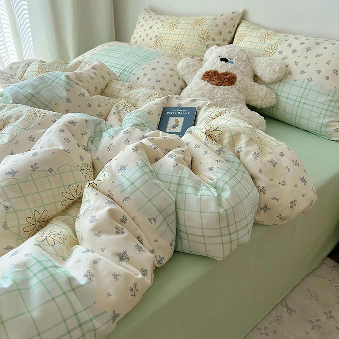 LifeTB Muslin Duvet Cover King Size 100% Cotton Botanical Floral Comforter Cover Aesthetic Flower Chic Plaid Desgin Cottagecore Bedding Set Breathable Soft Gauze Duvet Cover with 2 Pillowcases