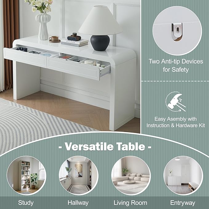 Merax 60" Entryway Console Table with Storage, 2 Drawers with Functional Divider/Retro Curved Design/Behind Couch & Sofa, White