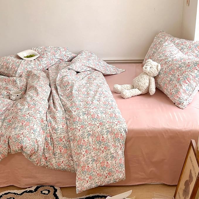 EAVD Boho Floral Comforter Set Twin XL Girls Soft Microfier Chic Shabby Pink Floral Bedding Set with 2 Pillowcases French Style Garden Botanical Comforter for All-Season