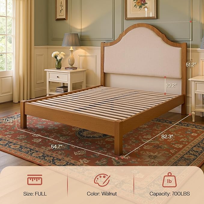Jocisland Full Size Bed Frame with Tall Upholstered Curved Headboard, Solid Wood Platform Bed, No Box Spring Needed, Wood Slat Support, Easy Assembly, Walnut