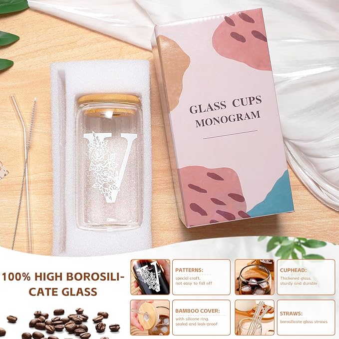 DWTS DANWEITESI Birthday Gifts for Women: Initial Glass Cup as Office Graduation Memorial Holiday Personalized Gifts - for Husband Aunt Uncle Teen Boy Employee Coworkers Him and Her - V Aesthetic Cup