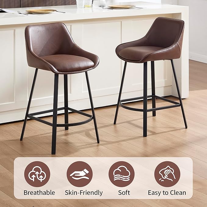 26" Modern Bar Stools Set of 2, Faux Leather Upholstered Bar Stools, Counter Height Bar Chairs with Back for Kitchen, Dining Room, Cafe, Bar - Coffee