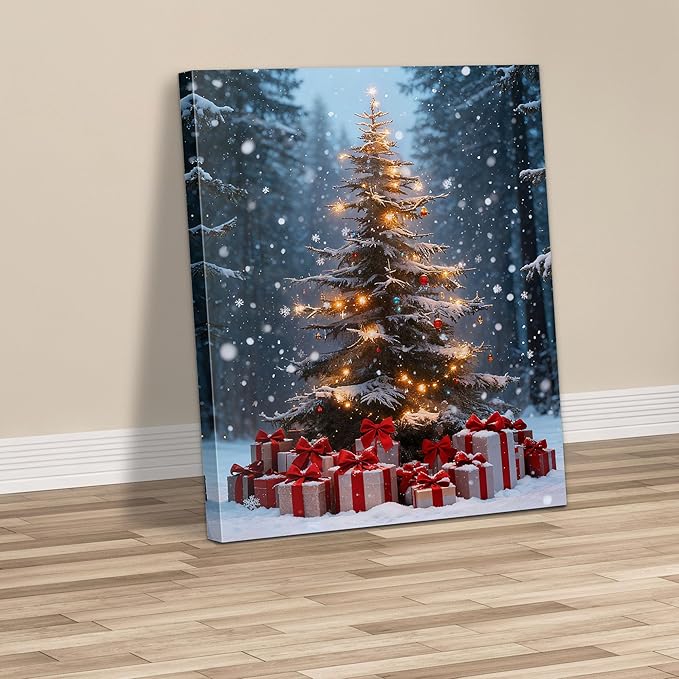 Framed Christmas Pictures Wall Decor,Vintage Pine Tree Prints,Winter Christmas Canvas Wall Art Decoration for Bedroom Bathroom Living Room Rustic Xmas Holiday Gifts (Christmas Tree 14, 16'' X 20'')