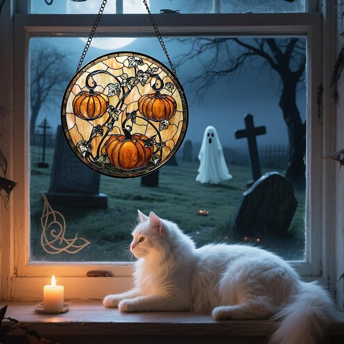 Stained Glass Window Hanging - Halloween Decoration Orange Pumpkin Vine Leaves Suncatcher for Door Garden Spooky Sun Catchers Gothic Decor Horror Gifts for Women Men Friend Boy Girl 9.8 in