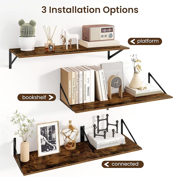 Fun Memories Floating Shelves for Wall, 12 Inch Deep Floating Shelves Set of 2, 55W x 12D Large Wall Shelf with Sturdy Metal Brackets for Living Room, Bathroom, Bedroom and Kitchen, Rustic Brown