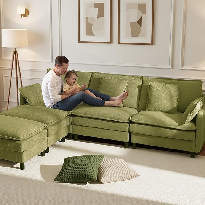 Claiks 110" Modular Sectional Sofa, Cloud Couch with Ottoman, L-Shaped 4-Seater Sofa in Chenille Fabric, Deep Seat Comfy Couch with Pillows for Living Room & Offices, Green