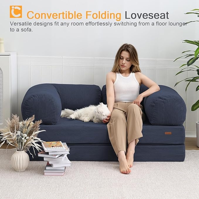 COMAX Folding Sofa Bed Queen, 4-in-1 Foldable Floor Couch Convertible Futon Sofa with Armrests, Sleeper Mattress Fold Out Chair Bed Comfy Portable Lounge Guest for Living Room Bedroom, Navy Blue