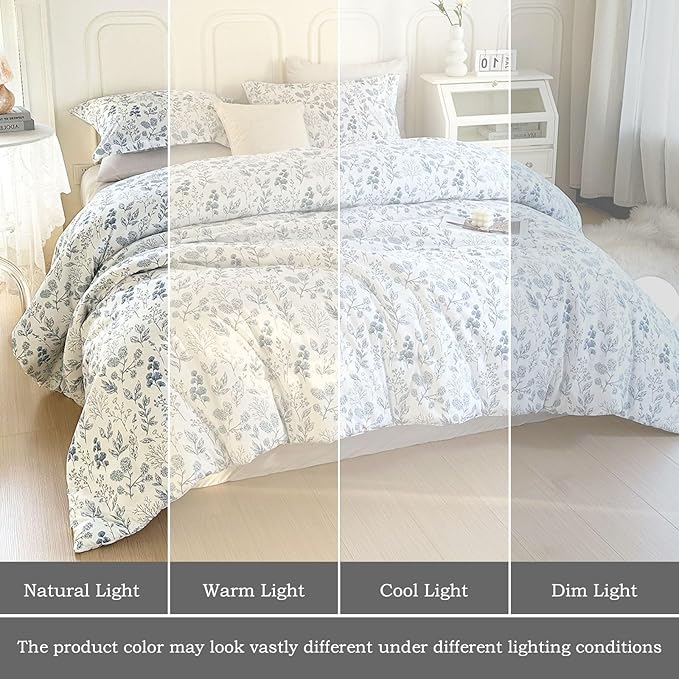 EAVD Blue Floral Comforter Set Twin/Twin XL White Soft Microfiber 3-Pieces Boho Botanical Flower Bedding Comforter Set for Girls with 2 Pillowcases Cute Fresh Botanical Bedding Set for All-Season