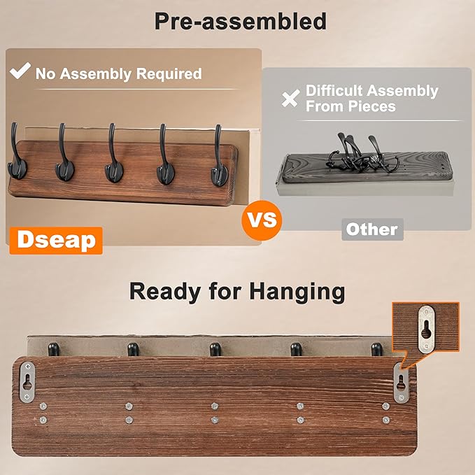 Dseap Coat Rack Wall: Patented, Heavy-Duty, 5-Double-Hooks Wooden Wall Mounted Coat Rack Coat Hanger Hook Rail for Winter Coats Hat Jacket Clothing, Weathered Blue