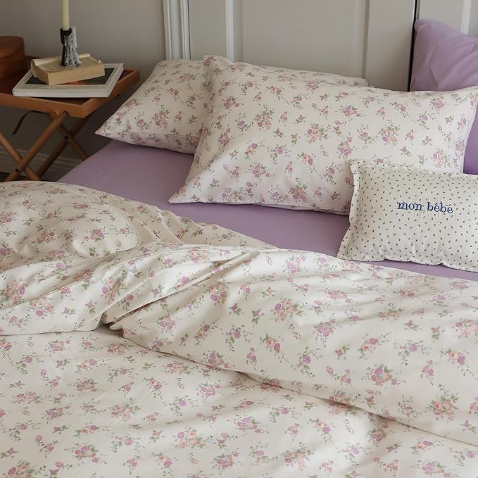 EAVD Garden Pink Purple Floral Comforter Set Full Soft Microfiber Chic Shabby Floral Bedding Set with 2 Pillowcases Fresh Cute Botanical Comforter Set for All-Season