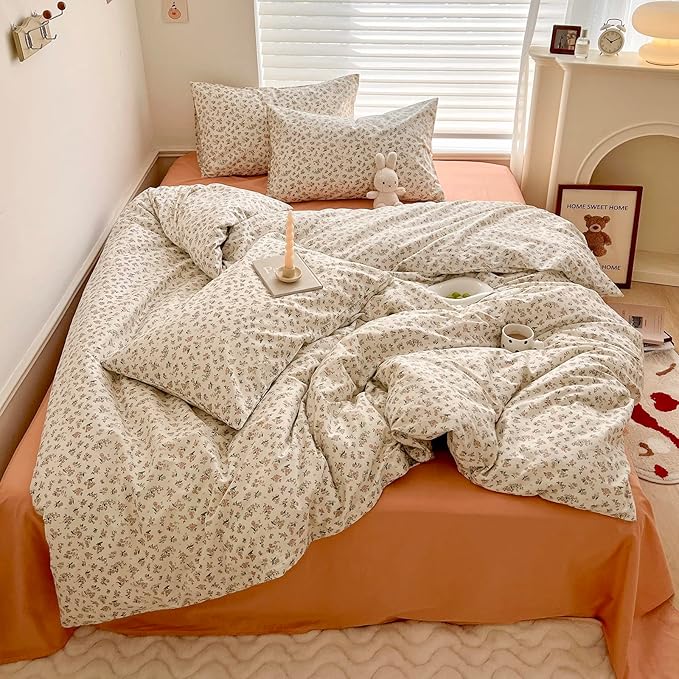 EAVD Boho Floral Comforter Set Queen Soft Microfiber Chic Cute Small Floral Bedding Comforter Set with 2 Pillowcases French Garden Botanical Comforter Set for All-Season