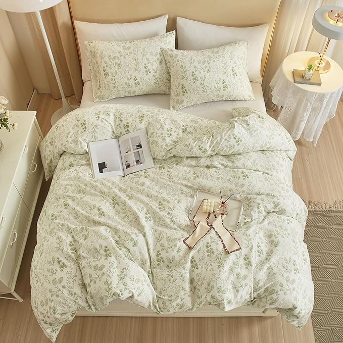 EAVD Fresh Green Floral Comforter Set Queen White Fluffy Soft Microfiber Chic Garden Floral Bedding Queen Bed Comforter and 2 Pillowcases Reversible Vintage Botanical Comforter Set for All-Season