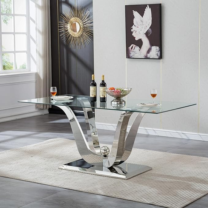 70" Modern Silver Glass Dining Table Set for 4, 5-Piece Rectangle Kitchen Dining Room Table Set with Steel Base & 4 Black Velvet Upholstered Chairs, Modern Glass Kitchen Table and Chairs Set of 4