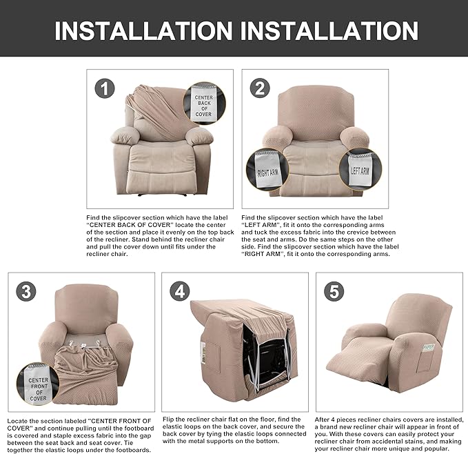 Genina Recliner Chair Covers, Stretch Reclining Chair Cover, Recliner Sofa Slipcovers Stripe Jacquard Lazy Couch Covers Furniture Protector Covers for Pet Kid (Taupe, 1 Seater)