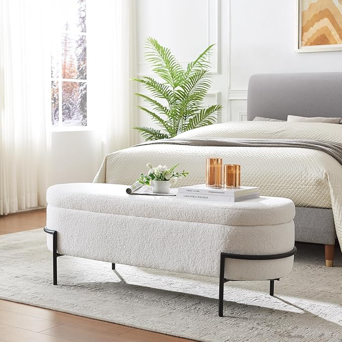 Sherpa Storage Ottoman Bench for Bedroom, White End of Bed Bench with Storage, Upholstered Boucle Storage Bench with Metal Stand and Hinges, Oval Ottoman for Living Room, 45 Inch