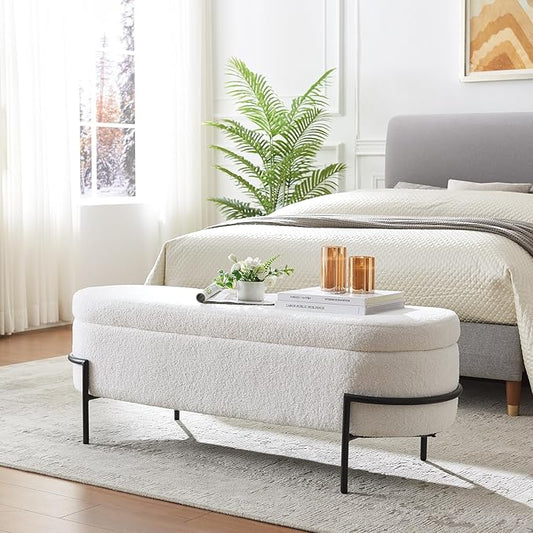 Sherpa Storage Ottoman Bench for Bedroom, White End of Bed Bench with Storage, Upholstered Boucle Storage Bench with Metal Stand and Hinges, Oval Ottoman for Living Room, 52 Inch
