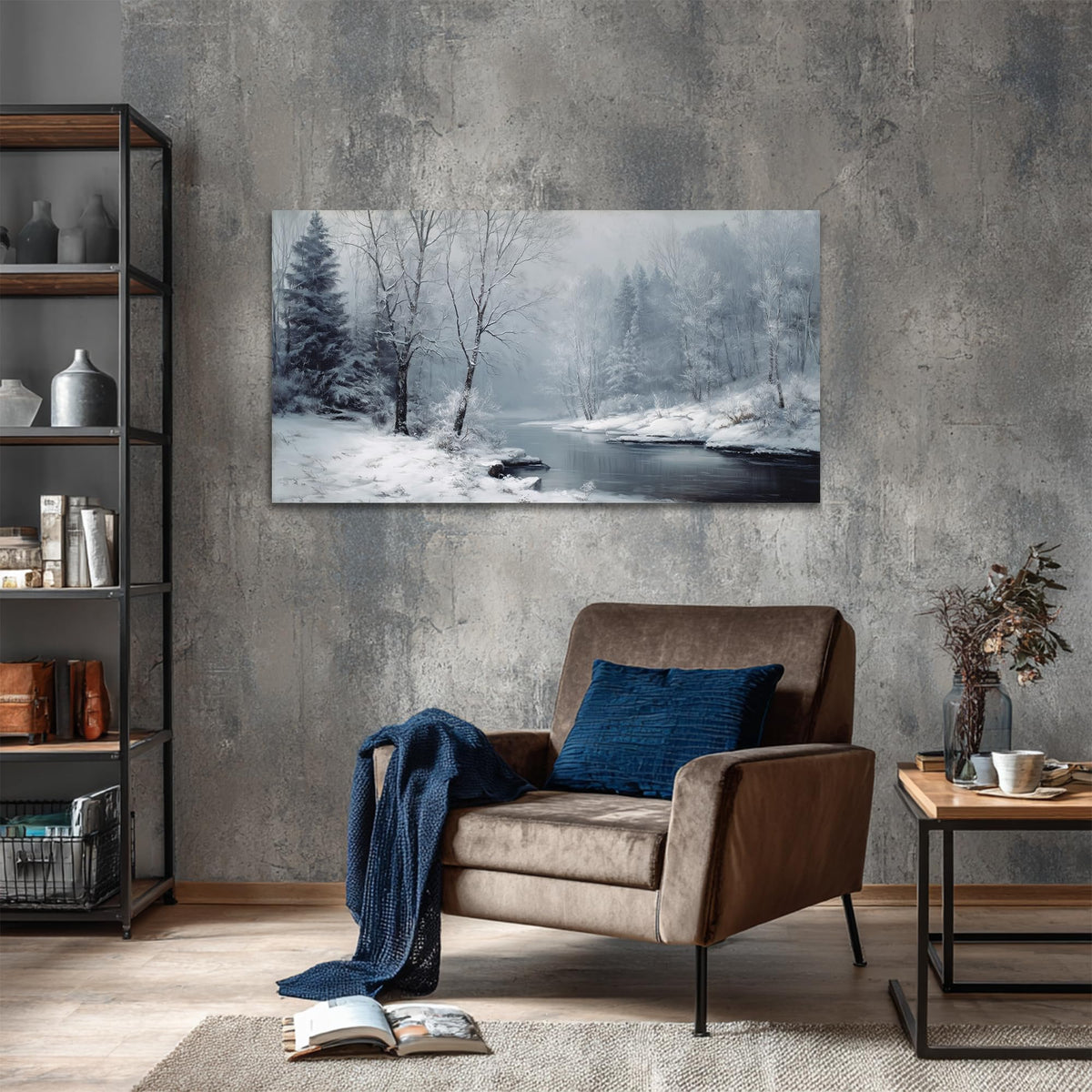 TEPAKIHI Winter Landscape Canvas Wall Art for Living Room Bedroom, Snowy Nature River Forest Picture, Winter Scene Painting Home Decor (16x32 inches)