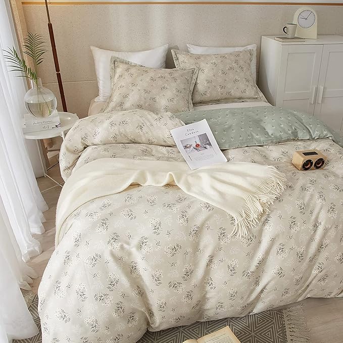 Boho Floral Duvet Cover King Soft Cotton Aesthetic Bedding Sets Chic Garden Floral Comforter Cover 1 Duvet Cover with 2 Pillowcases Botanical Floral Bedding Sets Vintage King Duvet Cover with Zipper