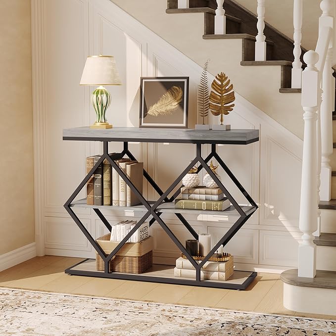 Garvee 3-Tier Entryway Table, Industrial Console Sofa Table with Storage, Accent Table with Open Shelves, Diamond-Shaped Metal Frame, Foyer Table for Entryway, Hallway, Gray