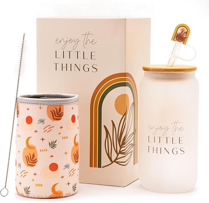 Boho Gifts for Women - Cute Design Glass Cup with Lid and Straw, Customized Stopper and Insulated Cup Sleeve for Iced Coffee and Smoothies. Giftable Unique Tumbler Cups for Women