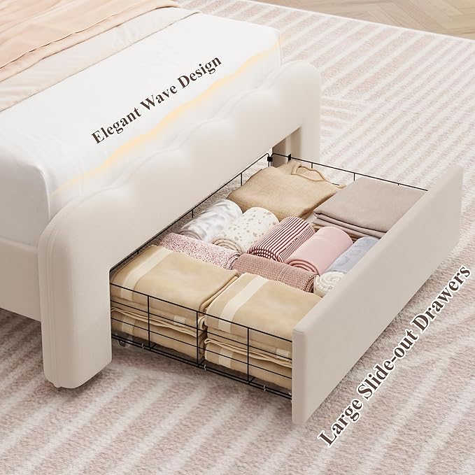HOSTACK Twin Upholstered LED Bed Frame with Storage Drawer, Cute Girls Bed with Adjustable Lotus Headboard, Velvet Princess Platform Bed Frame, Wooden Slats Support, No Box Spring Needed, Cream