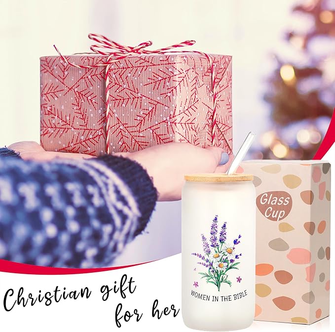 Christian Gifts for Women - Women of the Bible Glass Coffee Tumbler with Straw and Gift Box - 16oz Christian Mug for Mother's Day, Sister, or Bible Lovers (Frosted Glass cup)